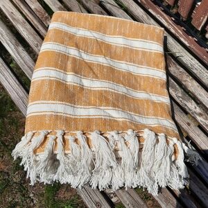 Threshold 100% Cotton Golden Yellow White Striped Fringe Ends Knit Throw Blanket